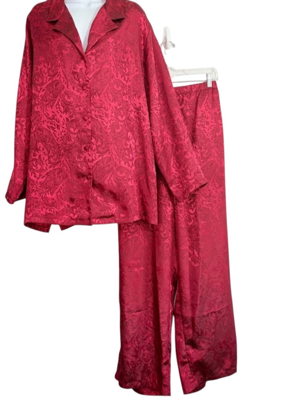 Vintage Cacique Elegant Red Satin Brocade Pajama Set Sz18/20 Soft Comfy